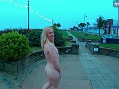 Young blonde exhibitionist wife walking nude around Felixstowe seafront, England